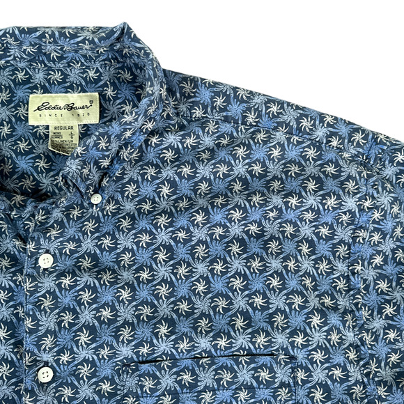 Vintage Eddie Bauer Shirt Adult LARGE Blue Linen Blend Pinwheel Oversized Y2K - Picture 2 of 9